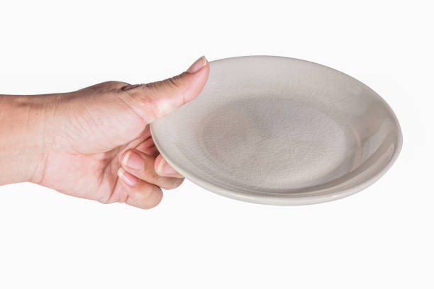 Hands holding empty plates in front of white background.