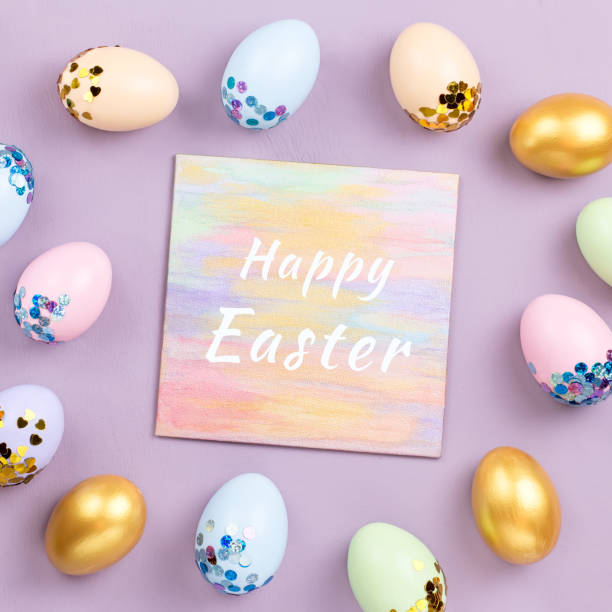 istock Pastel colorful Easter eggs decorated in sequins on pastel background, copy space. Happy Easter greeting card 1125715144
