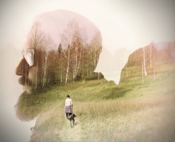 Double exposure with bearded traveler, forest and friends. Metaphor of travel and camping.