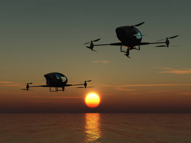 Two manned drones flying over the sea 3d illustration of two manned drones flying over the sea helicopter modern stock pictures, royalty-free photos & images