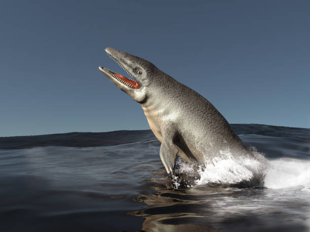 Mosasaurus jumping out of the water stock photo