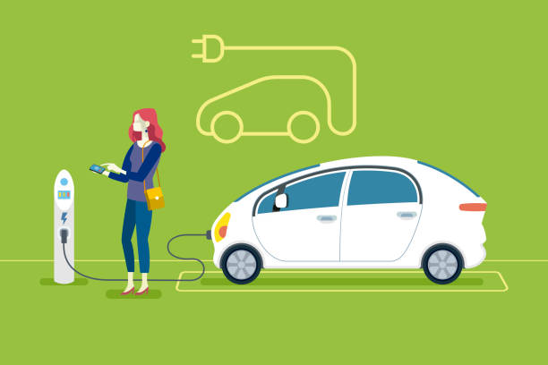 Electric Car in Charging Station Woman Charging an electric car in a charging station. Flat vector illustration. ev charging stock illustrations