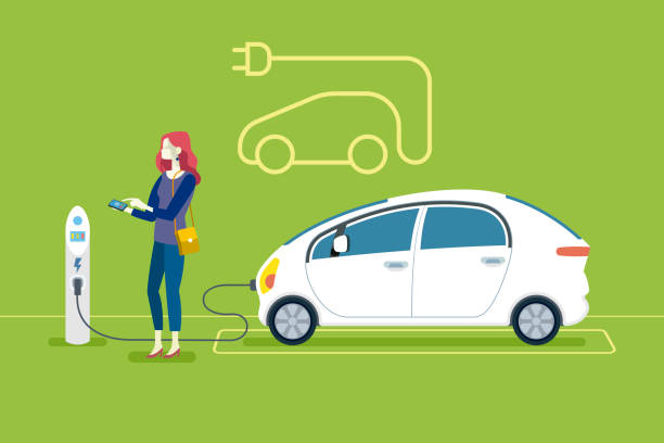 Electric Car in Charging Station Woman Charging an electric car in a charging station. Flat vector illustration. motor living stock illustrations