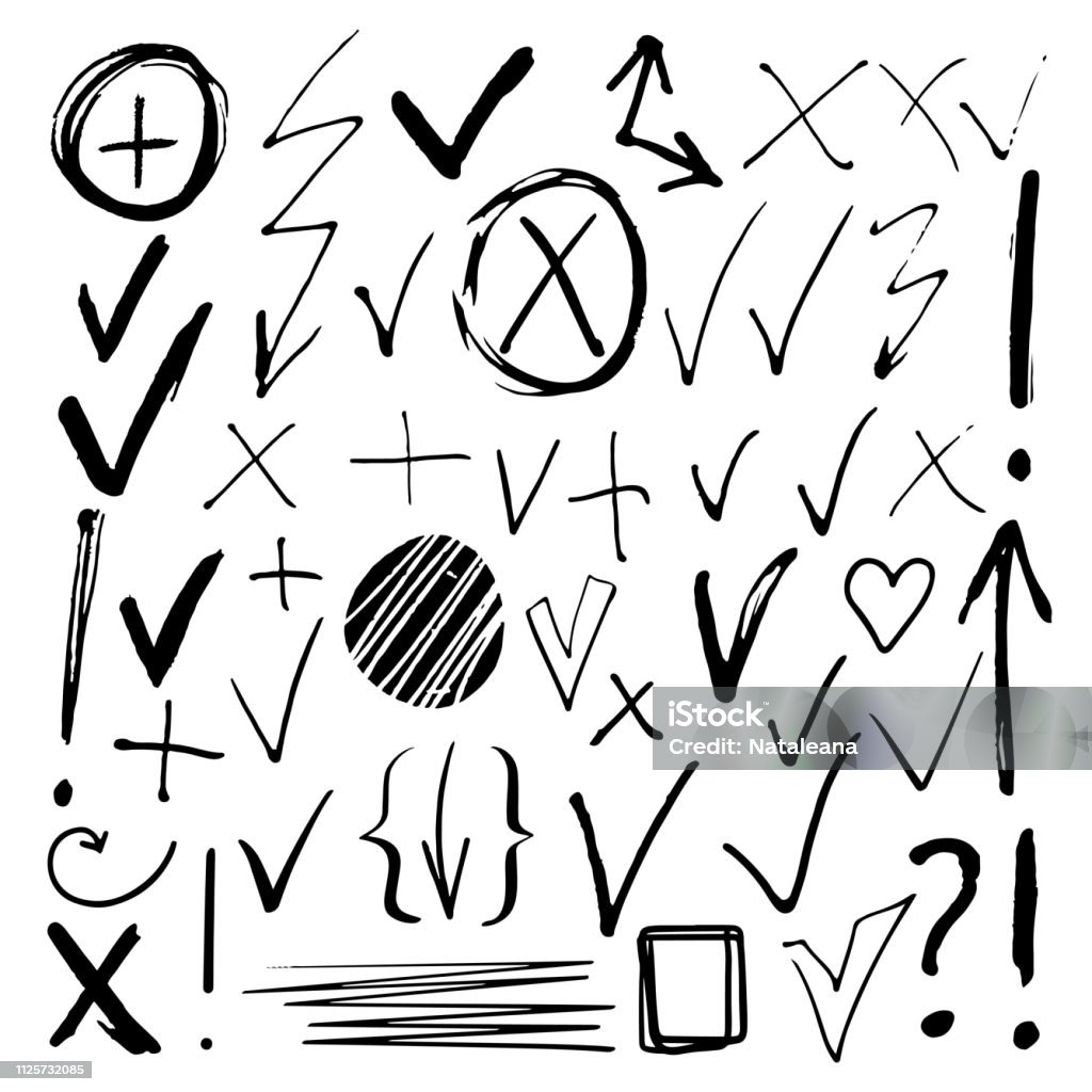 Hand drawn sketch black marker, brushed signs, arrows Hand drawn sketch black marker, brushed signs, arrows, lines, shapes, handwritten, marker design elements set  isolated on white background Check Mark stock vector