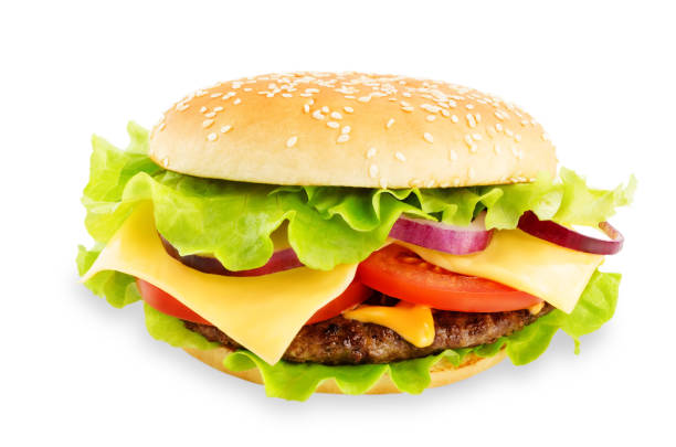 istock Meat Burger with salad, cheese, tomato and cheese sauce isolated 1125734880