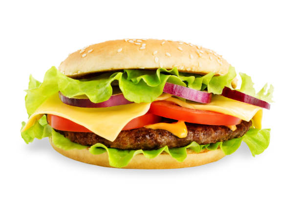 istock Meat Burger with salad, cheese, tomato and cheese sauce isolated 1125734881