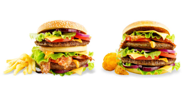 istock Meat Burger with salad, cheese, tomato and cheese sauce isolated 1125734913