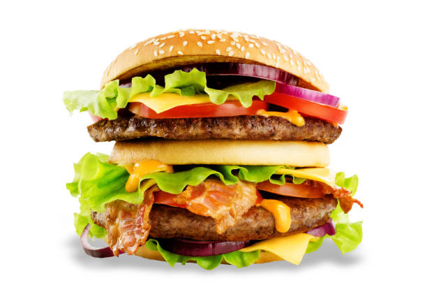 istock Meat Burger with salad, cheese, tomato and cheese sauce isolated 1125734914