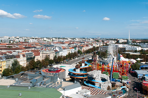Aerial image shot from the Ferris wheel in the Prater amusement park of the \
