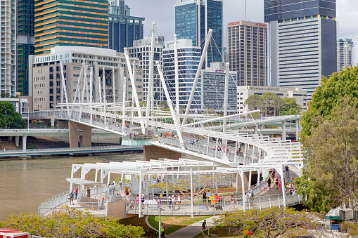 Kurilpa Bridge opens on October 4, 2009. Kurilpa Bridge is a pedestrian and cycle bridge over the Brisbane River connecting South Brisbane to the Roma Street area and designed by Ove Arup & Partners. It was the world's first tensegrity bridge.