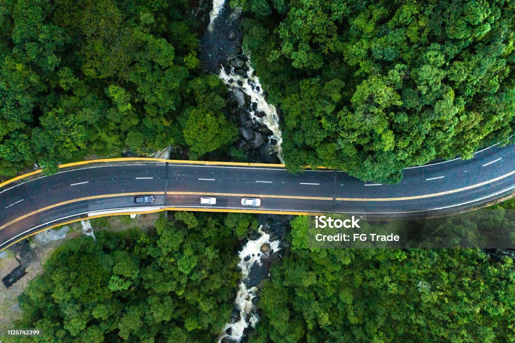 Aerial View of road in a forest Drone image Road Stock Photo