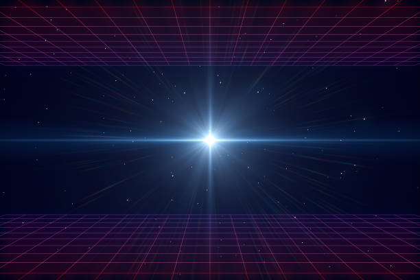 80s Retro Sci-Fi Futuristic Landscape Background, low poly modeling. Lens flare.