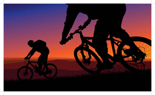 горный велосипед во время заката - mountain biking silhouette cycling bicycle stock illustrations