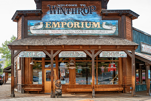 Storefront in historic downtown Winthrop Washington USA on a cloudy day.
