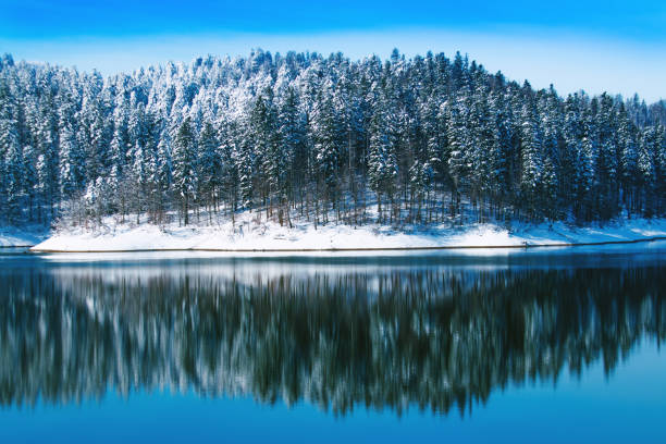 Croatian winter landscape, Gorski kotar, Lokvarsko lake, beautiful nature, forest reflecting in water