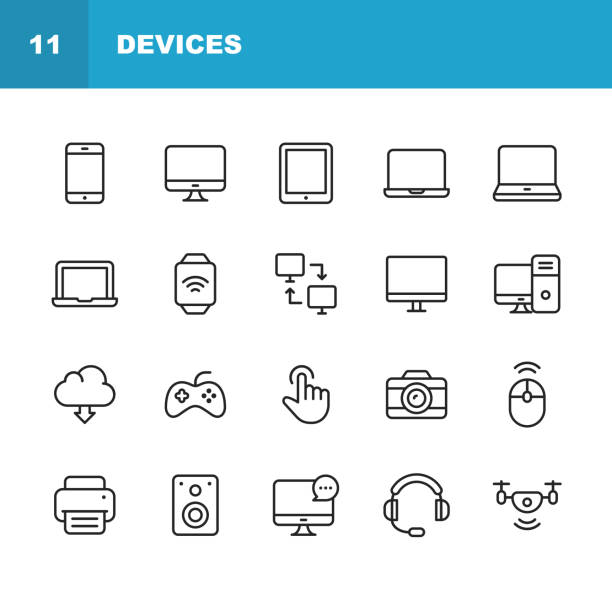 ilustrações de stock, clip art, desenhos animados e ícones de devices line icons. editable stroke. pixel perfect. for mobile and web. contains such icons as smartphone, printer, smart watch, gaming, drone. - recreational equipment