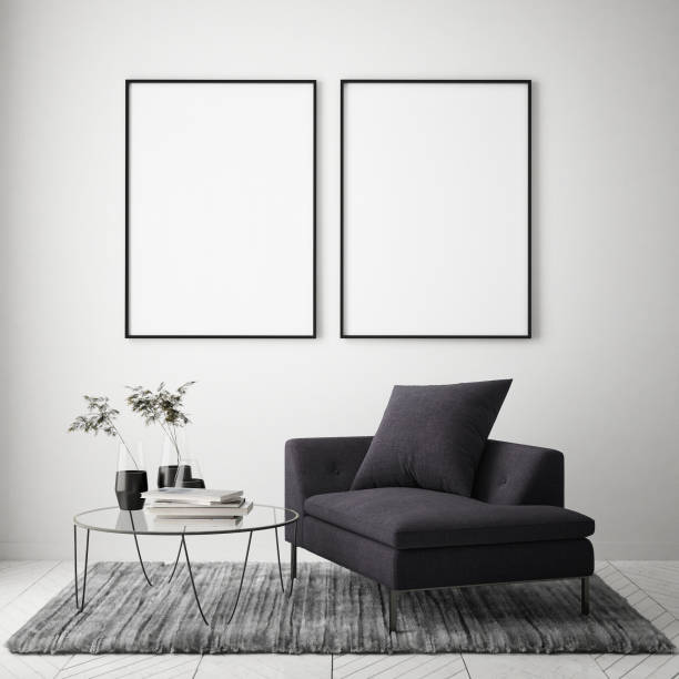 istock mock up poster frame in modern interior background, living room, Scandinavian style, 3D render 1125748381