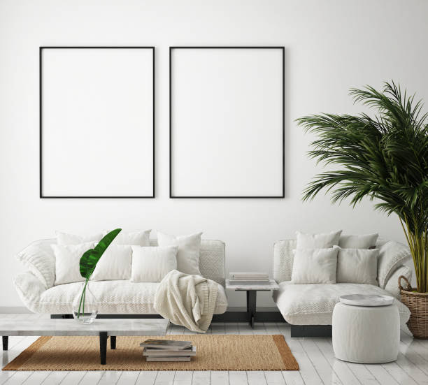 istock mock up poster frame in modern interior background, living room, Scandinavian style, 3D render 1125748383