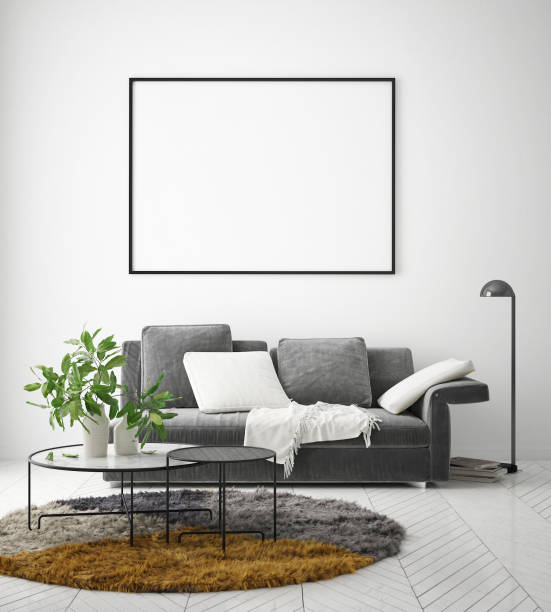 istock mock up poster frame in modern interior background, living room, Scandinavian style, 3D render 1125748391
