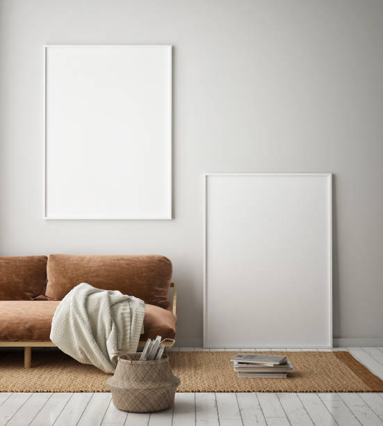 istock mock up poster frame in modern interior background, living room, Scandinavian style, 3D render 1125748400