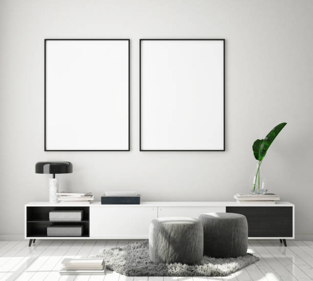 istock mock up poster frame in modern interior background, living room, Scandinavian style, 3D render 1125748412