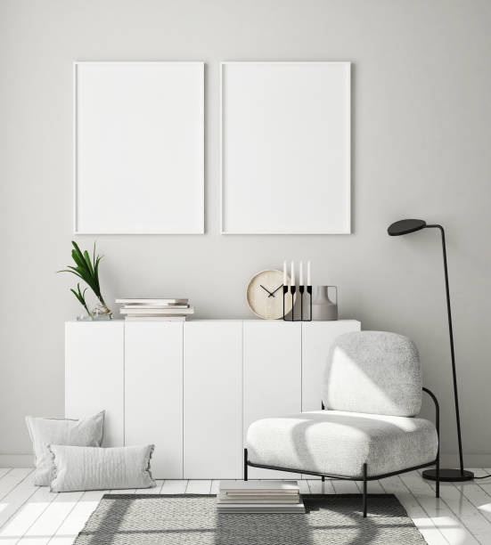 istock mock up poster frame in modern interior background, living room, Scandinavian style, 3D render 1125748413