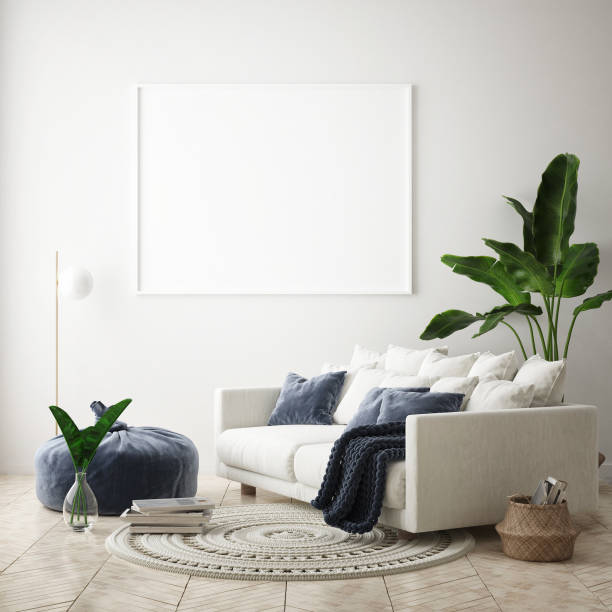 istock mock up poster frame in modern interior background, living room, Scandinavian style, 3D render 1125748438