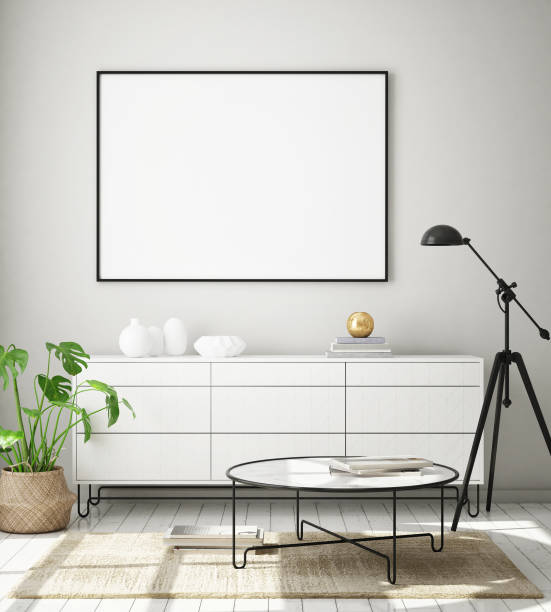 istock mock up poster frame in modern interior background, living room, Scandinavian style, 3D render 1125748439
