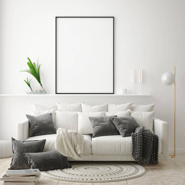 istock mock up poster frame in modern interior background, living room, Scandinavian style, 3D render 1125748446