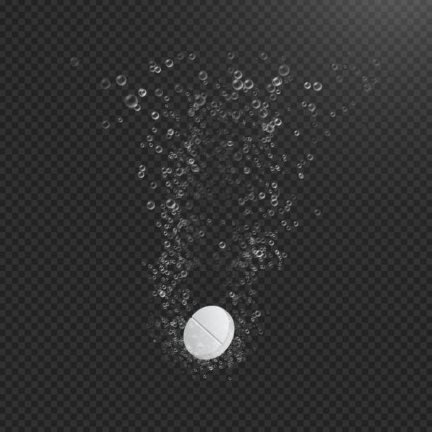 Soluble tablets in liquid with bubbles. Realistic illustration. Dissolving process. Soluble tablets in liquid with bubbles. Vector template for advertising aspirin, vitamins with other medical soluble drugs.Realistic illustration. Dissolving process. powder dissolve liquid stock illustrations