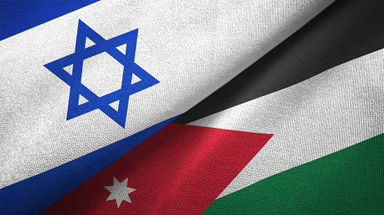 Concept of Palestine and Israel conflict: Palestinian and Israeli national flags symbol background. Horizontal illustration in 3D with copy space.