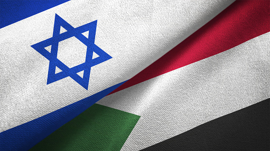 Sudan and Israel flags together textile cloth, fabric texture
