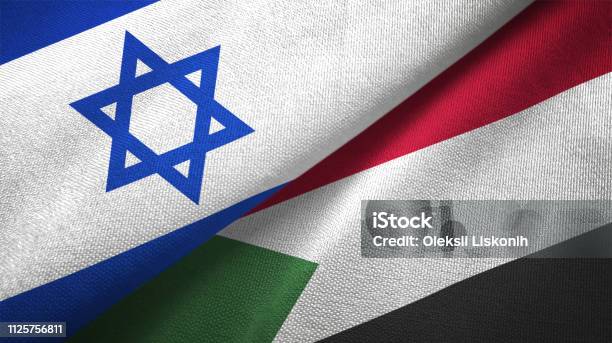 Sudan And Israel Two Flags Together Textile Cloth Fabric Texture Stock Photo - Download Image Now