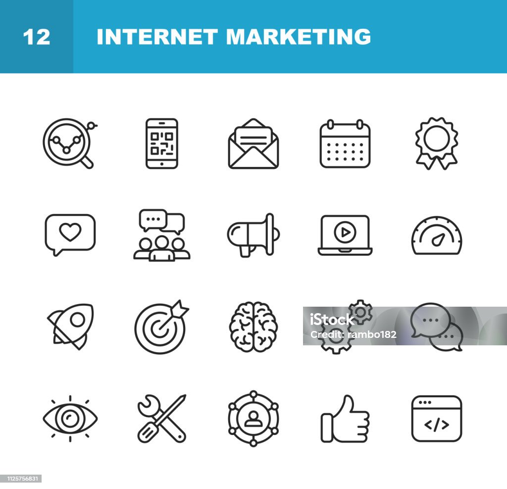 Internet Marketing Line Icons. Editable Stroke. Pixel Perfect. For Mobile and Web. Contains such icons as Digital Marketing, Social Media, Marketing Strategy, Brainstorming, Sharing and Commenting. Outline Icon Set. Icon Symbol stock vector