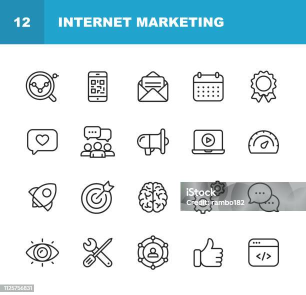 Internet Marketing Line Icons Editable Stroke Pixel Perfect For Mobile And Web Contains Such Icons As Digital Marketing Social Media Marketing Strategy Brainstorming Sharing And Commenting Stock Illustration - Download Image Now