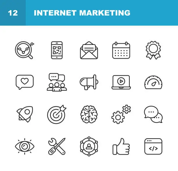 Vector illustration of Internet Marketing Line Icons. Editable Stroke. Pixel Perfect. For Mobile and Web. Contains such icons as Digital Marketing, Social Media, Marketing Strategy, Brainstorming, Sharing and Commenting.
