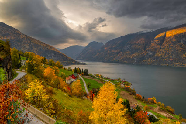осень в овланде, норвегия - aurland стоковые фото и изображения