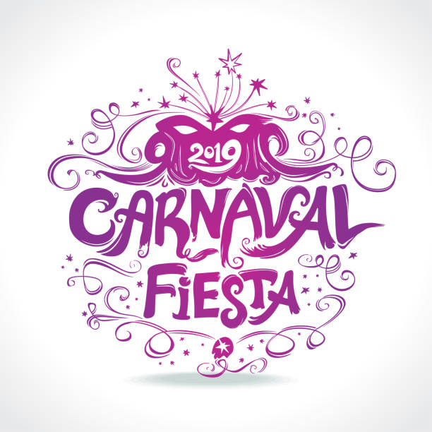 Carnaval Fiesta. logo in spanish. Carnival beautiful vintage title. Carnaval Fiesta. logo in spanish. Carnival beautiful vintage title. Hand drawn vector templates with Masquerade Mask. samba dancing stock illustrations