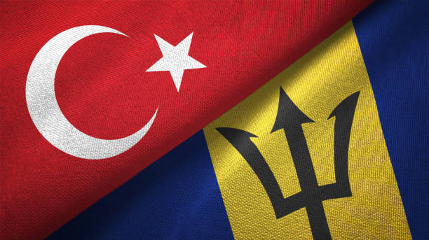 istock Barbados and Turkey two flags together textile cloth, fabric texture 1125757294