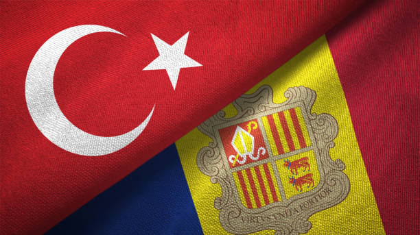 istock Andorra and Turkey two flags together textile cloth, fabric texture 1125757298