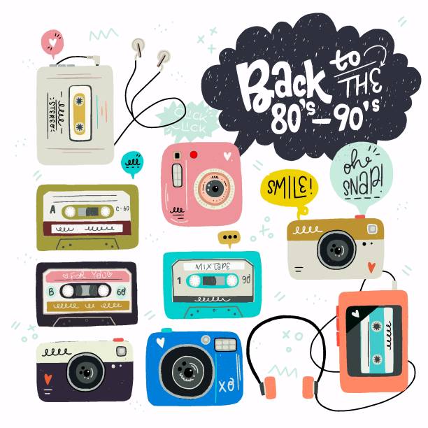 Set of retrowave hand drawn elements Cartoon style vector cliparts. Set of old school cassette tapes, players and photo camera. Great design element for sticker, patch or poster. Unique and fun nostalgic 80's-90's drawing and inscription audio cassette illustrations stock illustrations