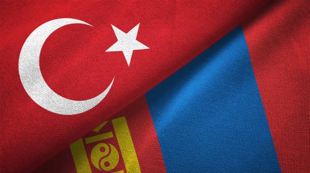 istock Mongolia and Turkey two flags together textile cloth, fabric texture 1125757894