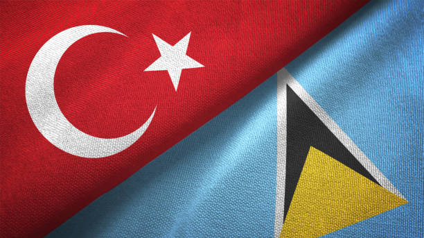 istock Saint Lucia and Turkey two flags together textile cloth, fabric texture 1125757929