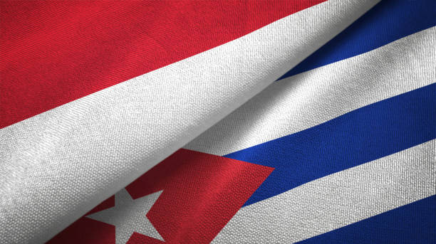 istock Cuba and Indonesia two flags together textile cloth, fabric texture 1125758848