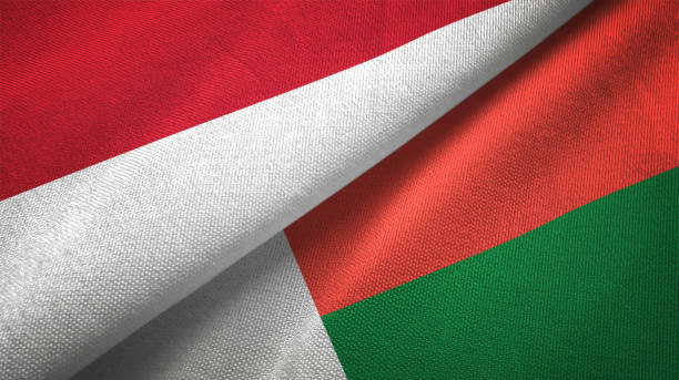 istock Madagascar and Indonesia two flags together textile cloth, fabric texture 1125758923
