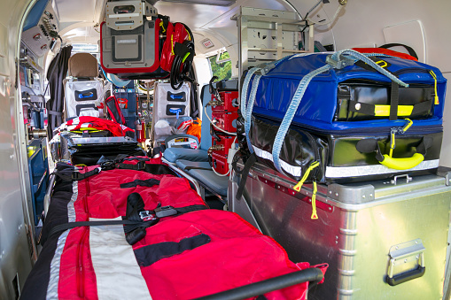 Stretcher and medical equipment in a Emergency medical services helicopter.