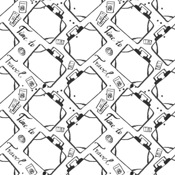 수하물 원활한 패턴 여행. 백색 backgrownd에 고립 된 검은 등고선 패션 손으로 그린 잉크 스타일. 섬유 직물, 종이 배경 그림을 줄 바꿈에 대 한 반복 텍스처 - backgrownd stock illustrations