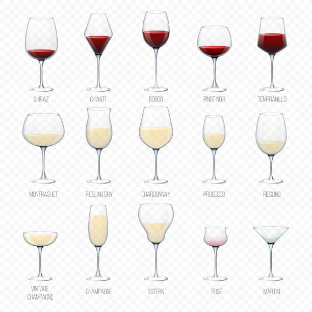 Wine glass vector winery alcohol drink and red beverage wineglas Wine glass vector winery alcohol drink and red beverage wineglass in bar restaurant illustration set of glassware champagne bordo liquid cocktail isolated on white background. chardonnay grape stock illustrations