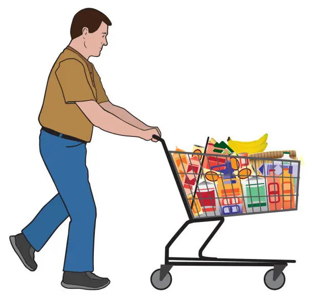 Vector illustration of Man Pushing Shopping Cart