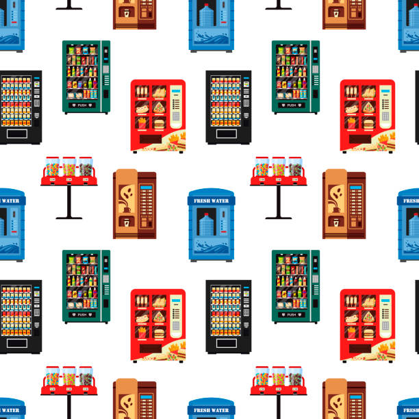 완벽 한 패턴 기계 제품의 전체, 물 사탕 담배 디스펜서 컬렉션 스낵 흰색 배경-평면 벡터 일러스트 레이 션에 커피 뜨거운 음식을 - vending machine machine soda selling stock illustrations